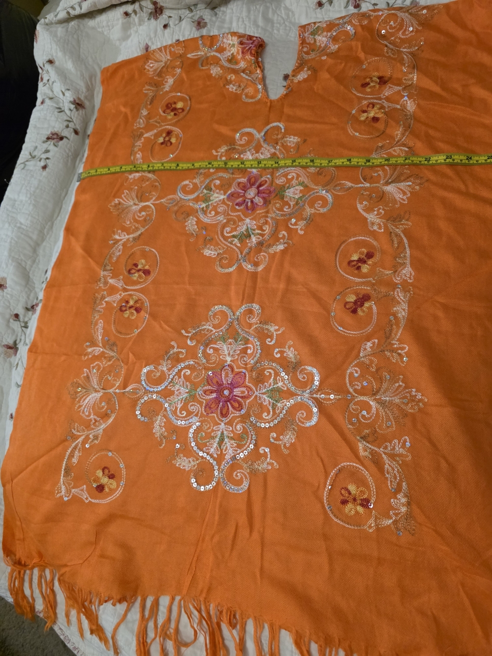 Embroidered Orange Boho Tunic with Fringe Shawlhandembroided